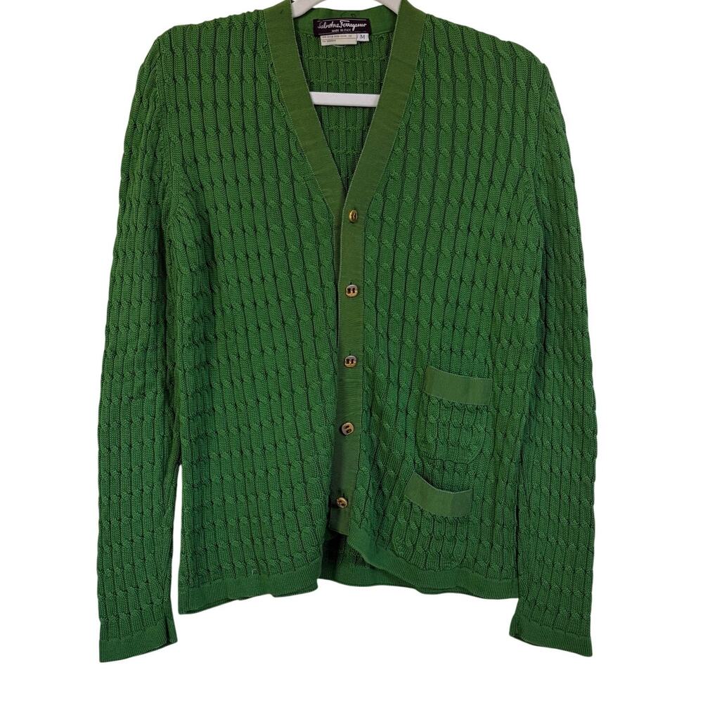 Vintage Salvatore Ferragamo Green Cable Knit Cardigan Cotton Made in Italy M